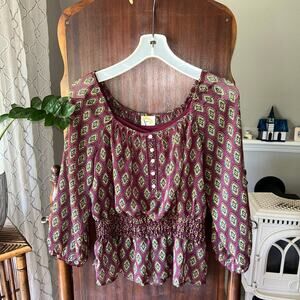Fig & Flower Blouse Size Medium Burgundy Smocked Waist 3/4 Sleeves Lined